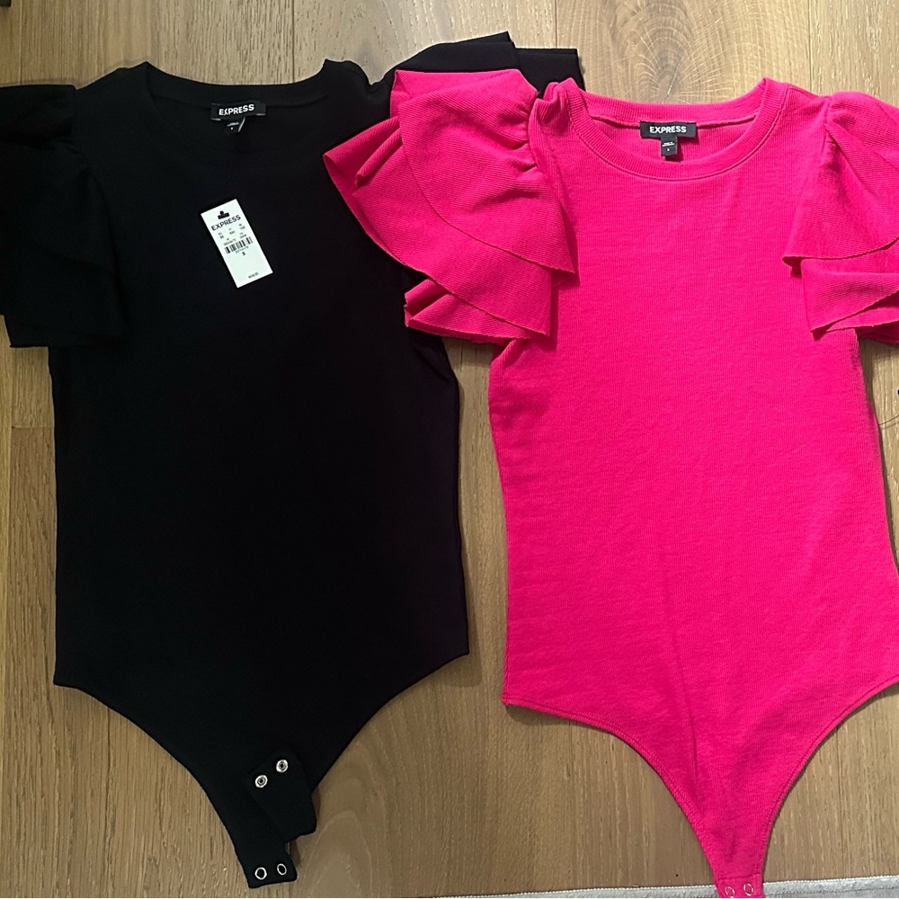 Express Ruffle Sleeve One-Piece Bodysuits - Hot Pink & Black
